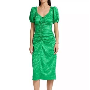 Ganni green crinkled satin midi dress